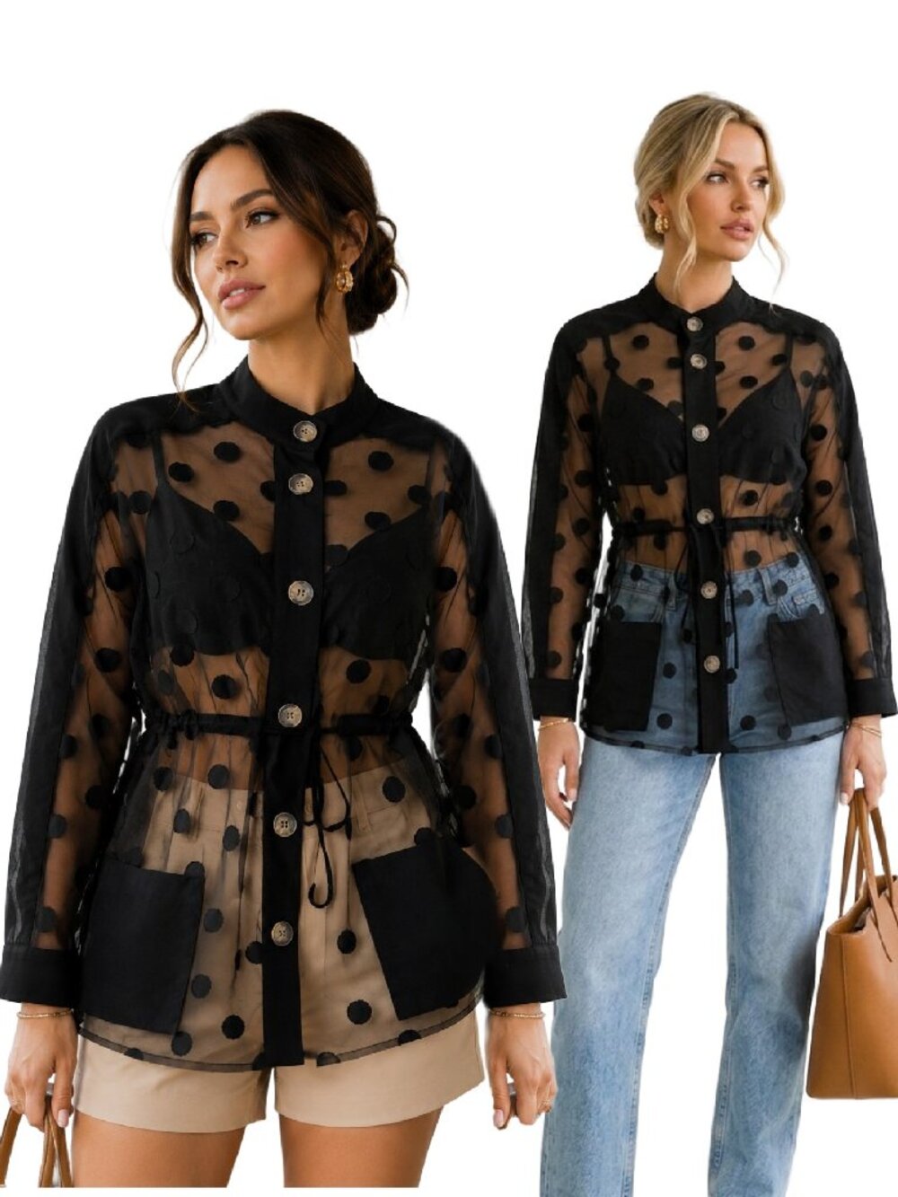 VITRIN Sheer Black Organza Flocked Polka Dot Drawstring Waist Overlay Sz S NEW